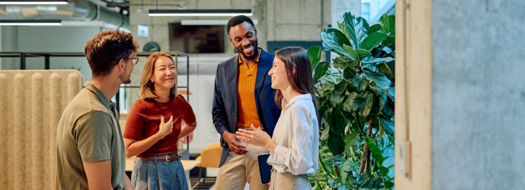 Team having a genuine, engaged conversation at work