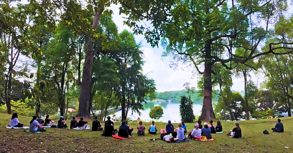 group of people immerse in nature, acing the lake